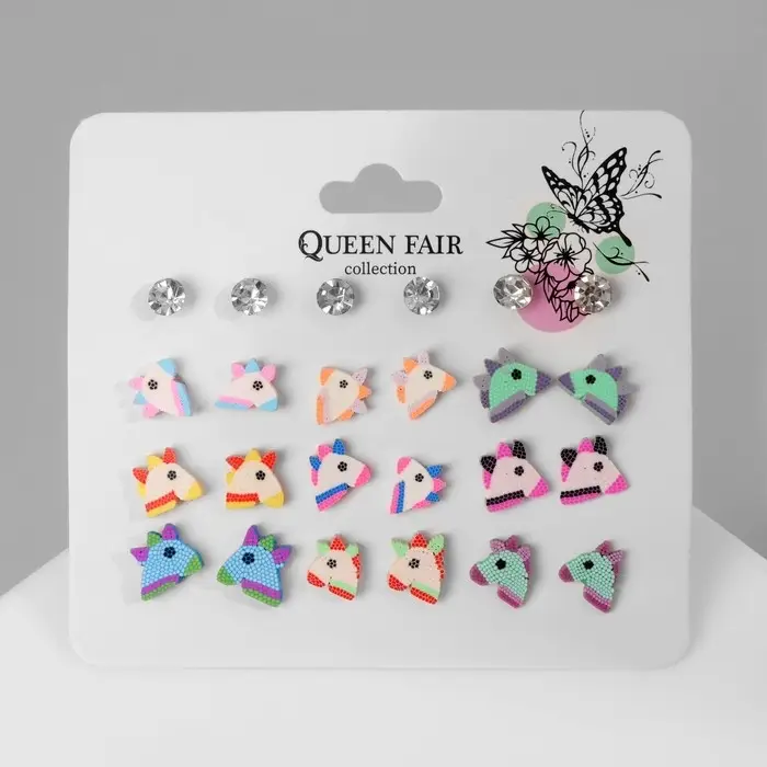 Серьги пусеты QF «Единороги милашки»,12 пар, цветные в серебре Серьги пусеты QF «Единороги милашки»,12 пар, цветные в серебре