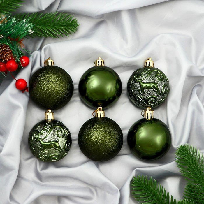 Набор шаров пластик d-6 см, 12 шт Набор шаров пластик d-6 см, 12 шт "Олень в кружевах" зелёный