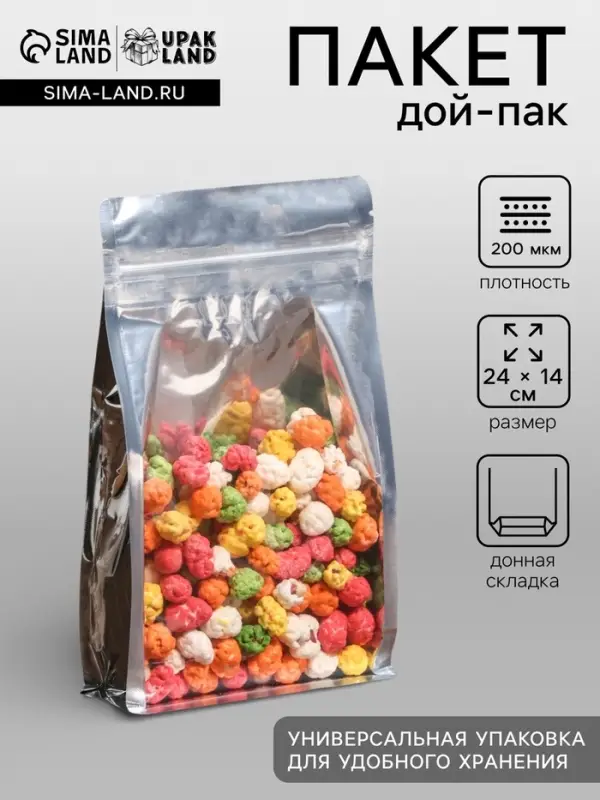 Пакет дой пак с окном, металлизированный, с дном, 14&times;24 см, 200 мкм