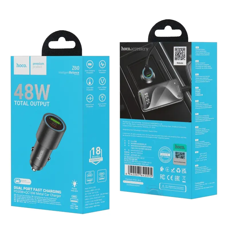 Переходник Z60 АЗУ на USB QC3.0 + Type-C PD48W HOCO темно-серый Переходник Z60 АЗУ на USB QC3.0 + Type-C PD48W HOCO темно-серый