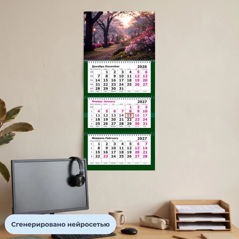 Календарь настенный 3-х блочный 2027 Attache Премиум Парк 330х705мм