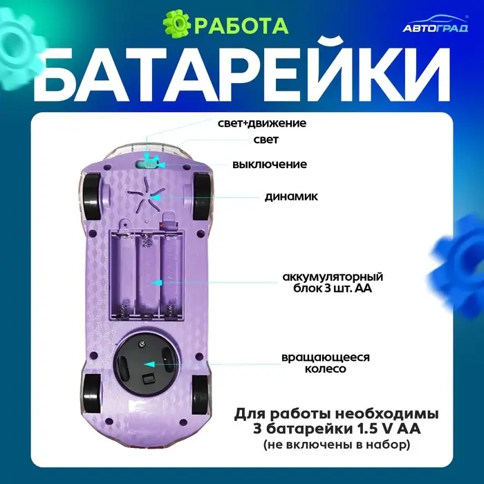Машина &laquo;Шестерёнка&raquo;, световые и звуковые эффекты, работает от батареек