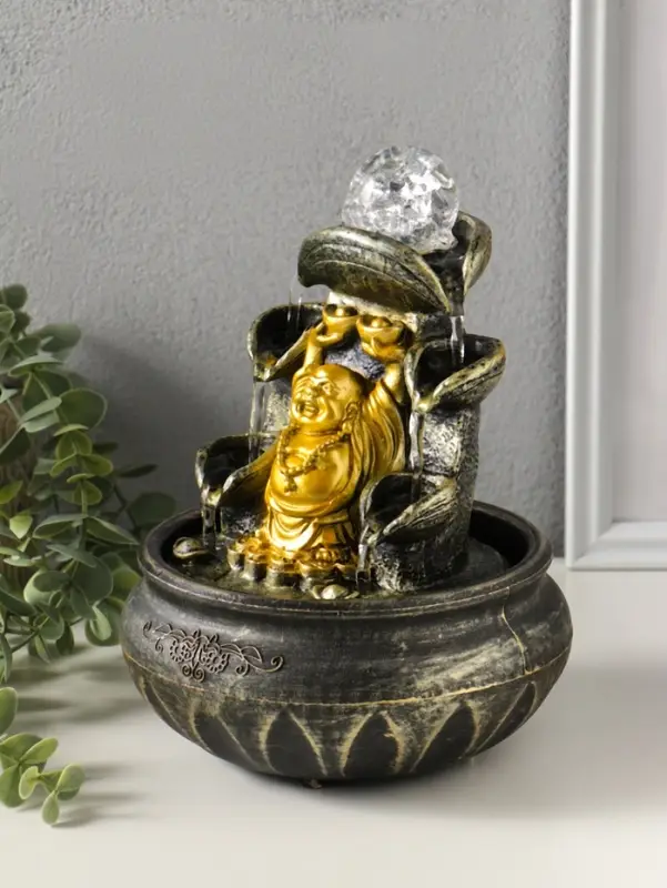 Фонтан настольный от сети, подсветка "Хотей с двумя слитками золота" 16х16х20 см
