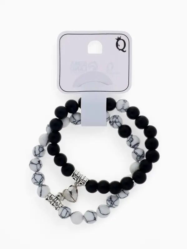 Браслеты парные &laquo;Неразлучники&raquo; на магните, сердце, чёрно-белые в серебре, d=6 см