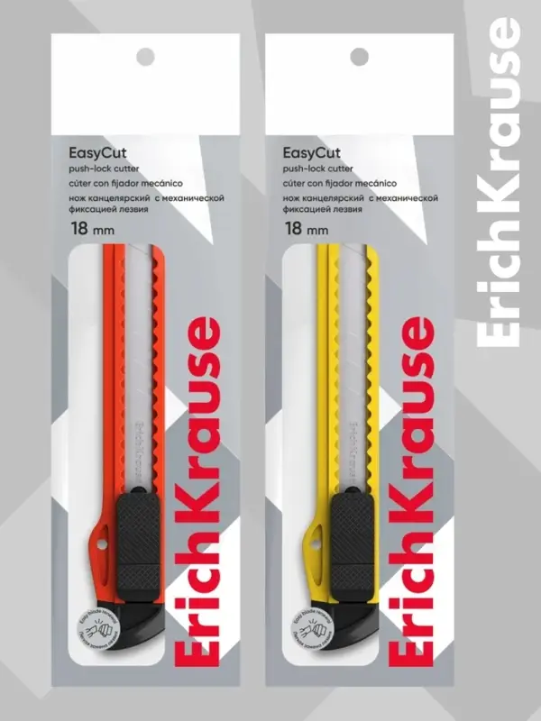 Нож канцелярский 18 мм, ErichKrause Standart, с системой фиксации лезвия push-lock и насадкой для безопасного отделения сегмента лезвия, МИКС