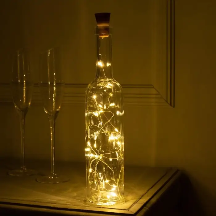 Гирлянда &laquo;Нить&raquo;, 2 м, уличная, роса с пробкой, IP44, серебристая нить, 20 LED, солнечная батарея, свечение тёплое белое