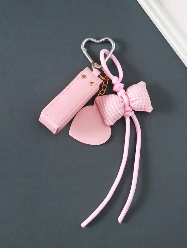 Брелок кожзам с карабином, с зеркалом "Для помады. Бант" розовый 23х3х3,5 см