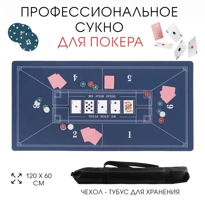 Сукно для покера, прорезиненное, 120&times;60 см, толщина 3 мм, синее