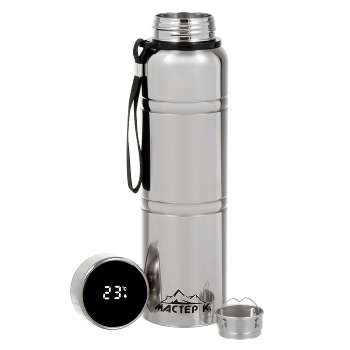 Термос, 1 л, Warm, сохраняет тепло 24 ч, с ситечком, с датчиком температуры, хром Термос, 1 л, Warm, сохраняет тепло 24 ч, с ситечком, с датчиком температуры, хром