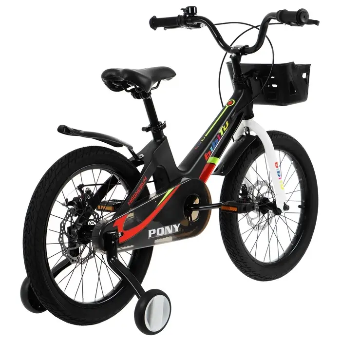 Велосипед детский BIBITU PONY, диаметр колёс 16", со съёмными колёсами, с корзиной, чёрный