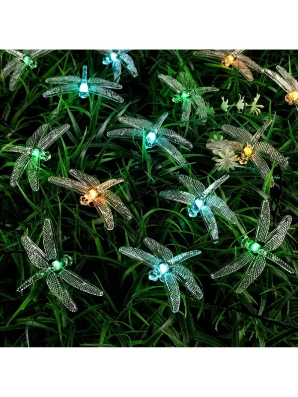 Гирлянда &laquo;Нить&raquo;, 4.5 м, уличная, с насадками &laquo;Стрекоза&raquo;, IP44, 30 LED, 2 режима, солнечная батарея, тёмная нить, свечение зелёное/аквамарин/жёлтое
