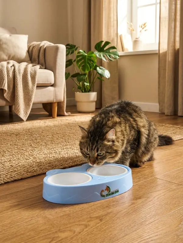 Миска двойная &laquo;Киса&raquo;, 2&times;160 мл, пластик, голубая