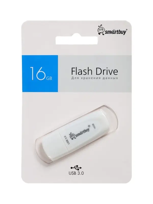 Флешка Smartbuy 016GB3SCW, 16 Гб, USB3.0, чтение до 100 Мб/с, запись до 40 Мб/с, белая