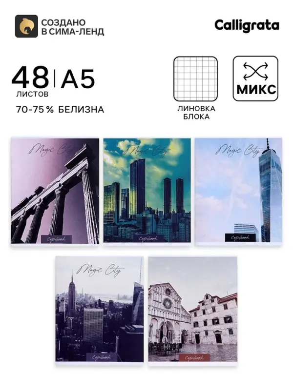 Тетрадь 48 листов в клетку, Calligrata &laquo;Города&raquo;, серые листы, МИКС