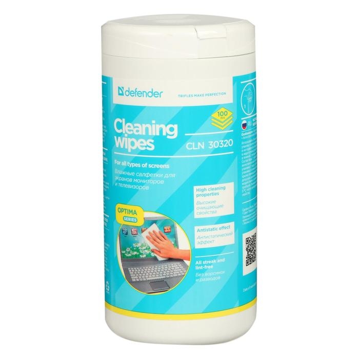 Салфетки чистящие для всех типов экранов, Defender Cleaning wipes, Optima, 100 штук в тубе Салфетки чистящие для всех типов экранов, Defender Cleaning wipes, Optima, 100 штук в тубе