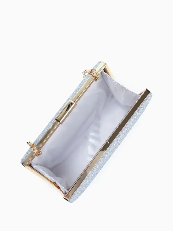 Сумка-клатч женская вечерняя на фермуаре, жёсткий корпус, на цепочке, блестящая, серебристая