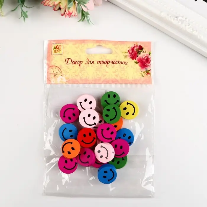 Набор бусин для творчества дерево  Набор бусин для творчества дерево "Смайлики цветные" набор 15 гр 0,6х1,7х1,7 см