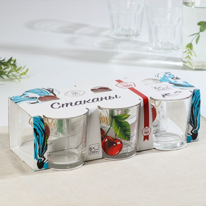 Набор стеклянных стаканов «Ода. Полезная вишня», 250 мл, 6 шт Набор стеклянных стаканов «Ода. Полезная вишня», 250 мл, 6 шт