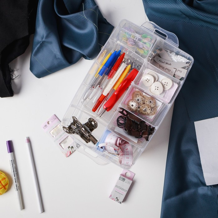 Органайзер для рукоделия, со съёмными ячейками, 3 яруса по 10 отделений, 24,5 × 16,5 × 18 см, с ручкой, цвет прозрачный Органайзер для рукоделия, со съёмными ячейками, 3 яруса по 10 отделений, 24,5 × 16,5 × 18 см, с ручкой, цвет прозрачный