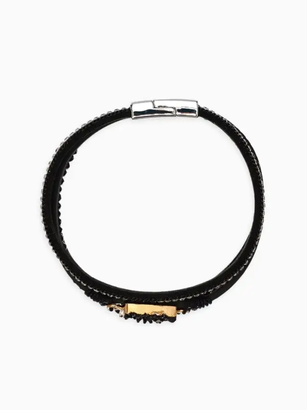 Браслет кожаный на магните &laquo;Камни и стразы&raquo;, L=19.5 см, белый, чёрный в серебре