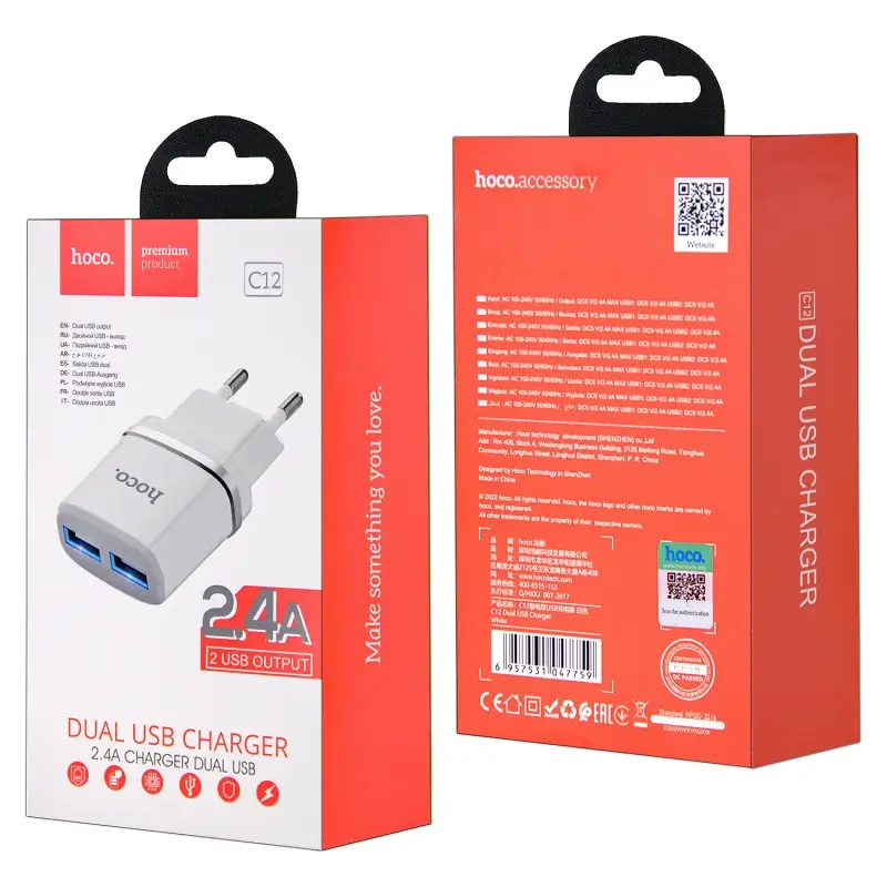 Переходник C12 СЗУ на 2 USB 2.4A HOCO белый