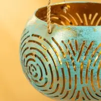 Подсвечник подвесной из кокоса, 14×14×10 см, бирюзово-золотой