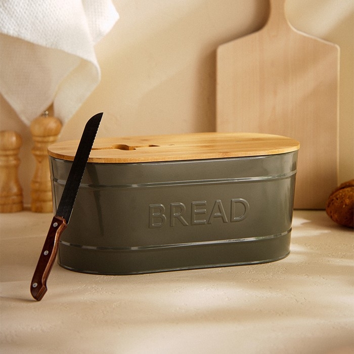 Хлебница металлическая с бамбуковой крышкой SL Home «каса Перфекто», 2 предмета: хлебница 36×20×15,5 см, нож длина 28,3 см Хлебница металлическая с бамбуковой крышкой SL Home «каса Перфекто», 2 предмета: хлебница 36×20×15,5 см, нож длина 28,3 см
