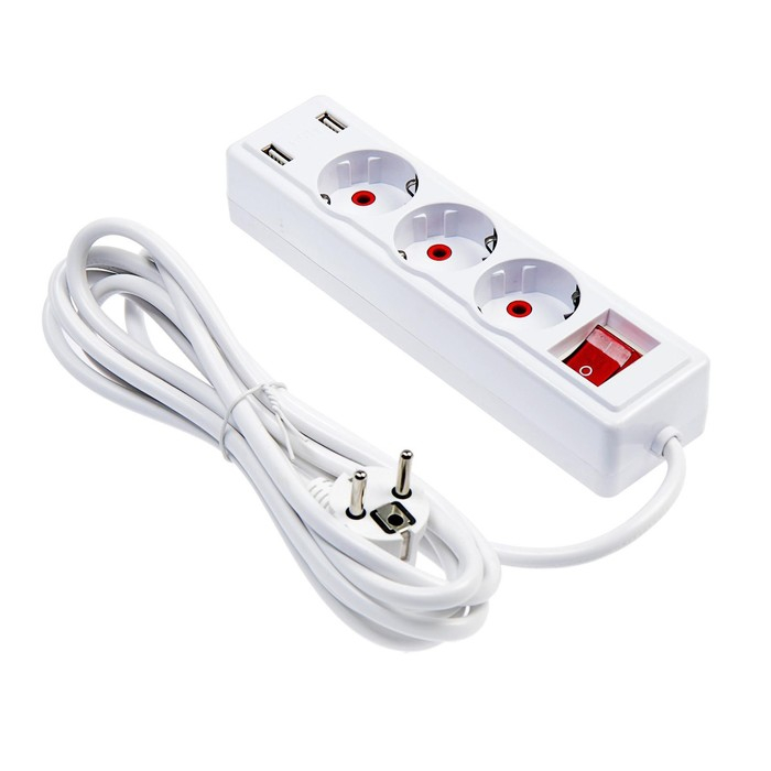 Удлинитель Luazon Lighting, 3 розетки, 3 м, 10 А, 2200 Вт, 2х0.75 мм2, 2хUSB, с выкл., Б Удлинитель Luazon Lighting, 3 розетки, 3 м, 10 А, 2200 Вт, 2х0.75 мм2, 2хUSB, с выкл., Б