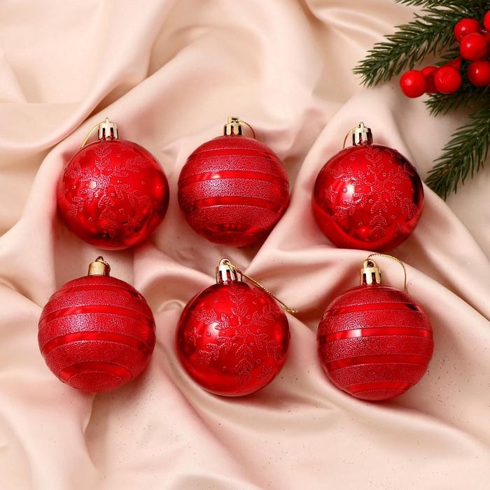 Набор шаров пластик d-6 см, 6 шт Набор шаров пластик d-6 см, 6 шт "Снежные тропинки" красный