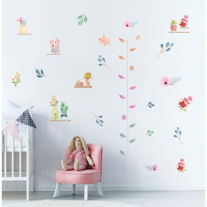 Наклейка интерьерная цветная ростомер  Наклейка интерьерная цветная ростомер "Цветы в горшочках" 50х70 см