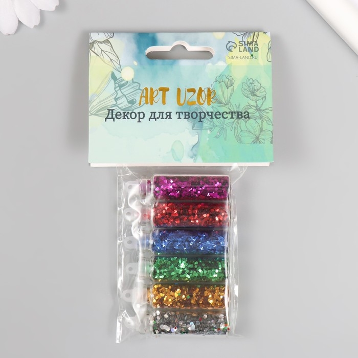 Глиттер набор 6 бутылочек Глиттер набор 6 бутылочек "Хлопья блеск", вес глиттера в 1 бут - 1,2 гр, цвет микс