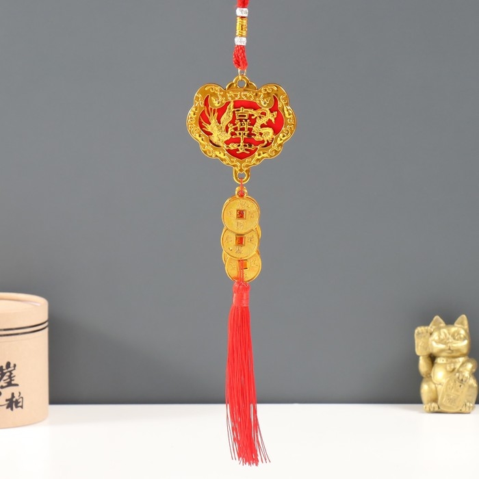 Подвеска пластик, текстиль Подвеска пластик, текстиль "Дракон и феникс" 8 монет 1,8х7х37 см