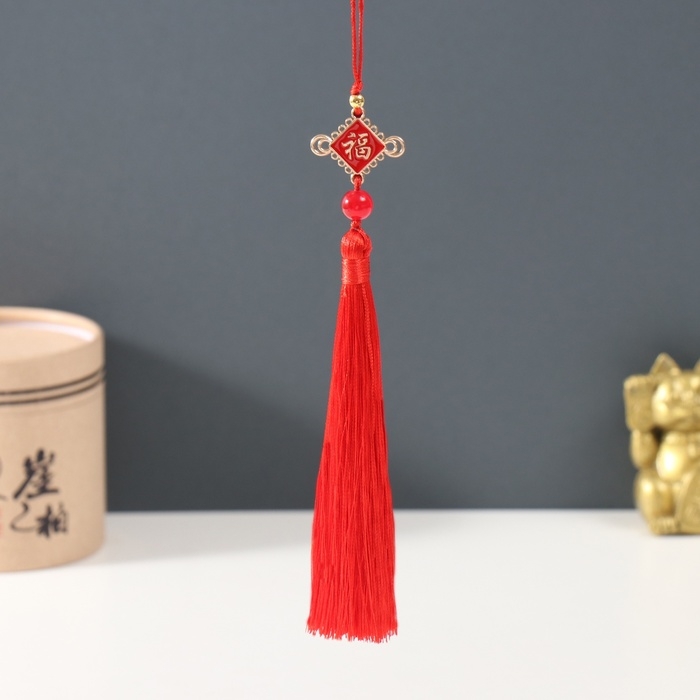 Подвеска текстиль, металл Подвеска текстиль, металл "Узел счастья и бесконечности с иероглифом" красная 1х1,2х19,3 см 105374