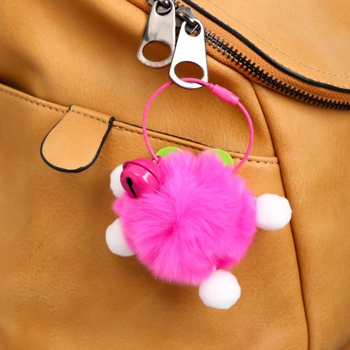 Пушистик на троссе с бубенчиком  Пушистик на троссе с бубенчиком "Чудик с зелёными ушками" ярко-розовый 8 см