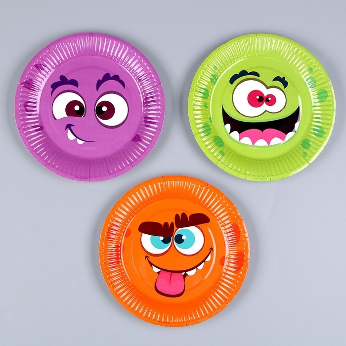 Тарелка одноразовая бумажная Тарелка одноразовая бумажная "Монстрики",микс, 18 см, набор 6 штук