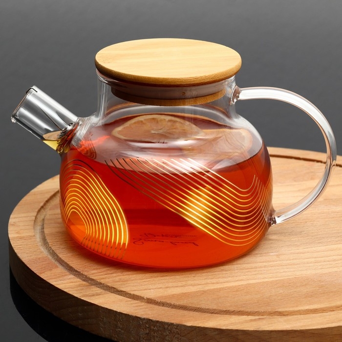 Чайник стеклянный заварочный с бамбуковой крышкой «Геометрия», 800 мл Чайник стеклянный заварочный с бамбуковой крышкой «Геометрия», 800 мл