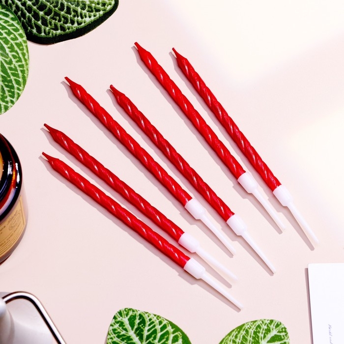 Свечи в торт витые с подставкой, 6 шт, 11 см, рубиновые Свечи в торт витые с подставкой, 6 шт, 11 см, рубиновые