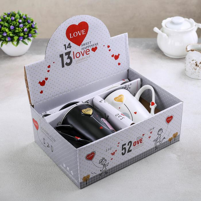 Набор кружек керамических с крышками и ложками &laquo;Узы любви&raquo;, 2 предмета: 400 мл, цвет МИКС