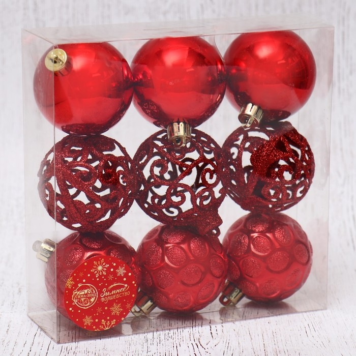 Ёлочные игрушки, шары новогодние , пластик, набор d-6 см, 9 шт Ёлочные игрушки, шары новогодние , пластик, набор d-6 см, 9 шт "Николь узоры" красный