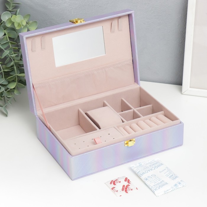 Шкатулка кожзам для украшений  Шкатулка кожзам для украшений "Полосы.Текстура" сирень перламутр 7,5х22х15 см