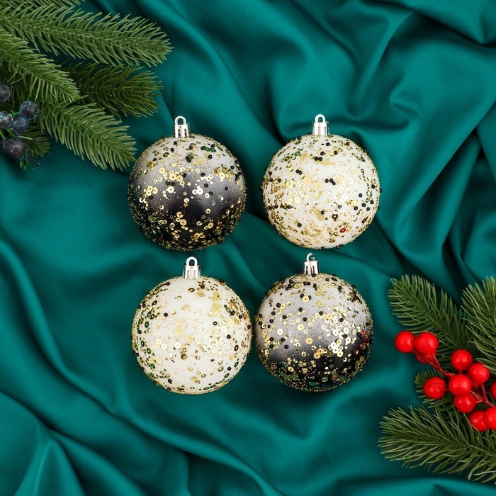 Набор шаров пластик d-8 см, 4 шт Набор шаров пластик d-8 см, 4 шт "Мюриель" блеск, чёрный белый