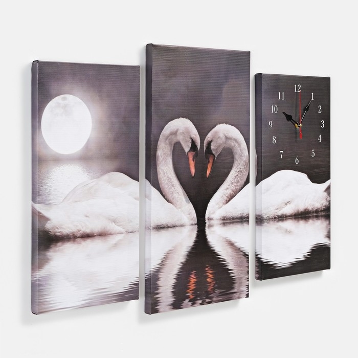 Часы-картина настенные, модульные,  Часы-картина настенные, модульные, "Пара лебедей", бесшумные, 60 х 80 см, триптих