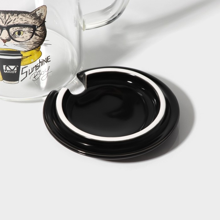 Кружка стеклянная с керамической крышкой и ложкой «Хипстер», 450 мл, рисунок МИКС Кружка стеклянная с керамической крышкой и ложкой «Хипстер», 450 мл, рисунок МИКС