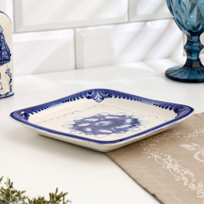 Блюдо "Квадратное", гжель, фарфор, 18х18 см
