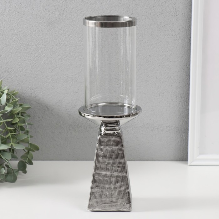 Подсвечник керамика, стекло на 1 свечу "Буэно" d=7,5 см серебро 9,5х9,5х29,5 см