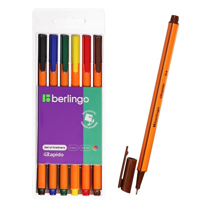 Набор ручек капиллярных, 6 цветов Berlingo  Набор ручек капиллярных, 6 цветов Berlingo "Rapido", 0.4 мм, трехгранная, европодвес