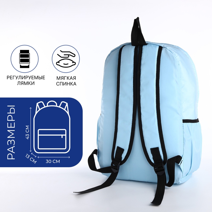 Рюкзак школьный из текстиля, 3 кармана, кошелёк, цвет голубой
