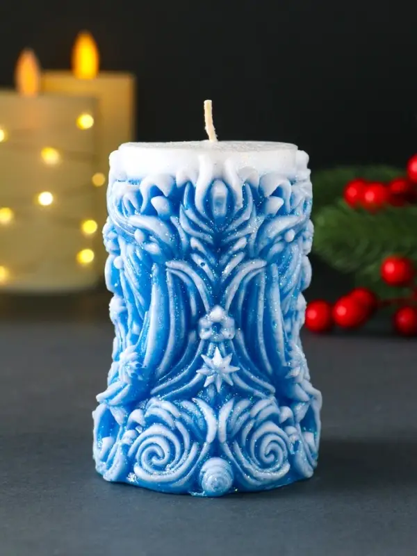 Свеча новогодняя столбик  Свеча новогодняя столбик "Резная" синий
