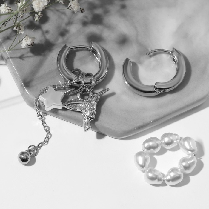 Серьги со съёмным элементом «Трансформер» птица, цвет белый в серебре Серьги со съёмным элементом «Трансформер» птица, цвет белый в серебре