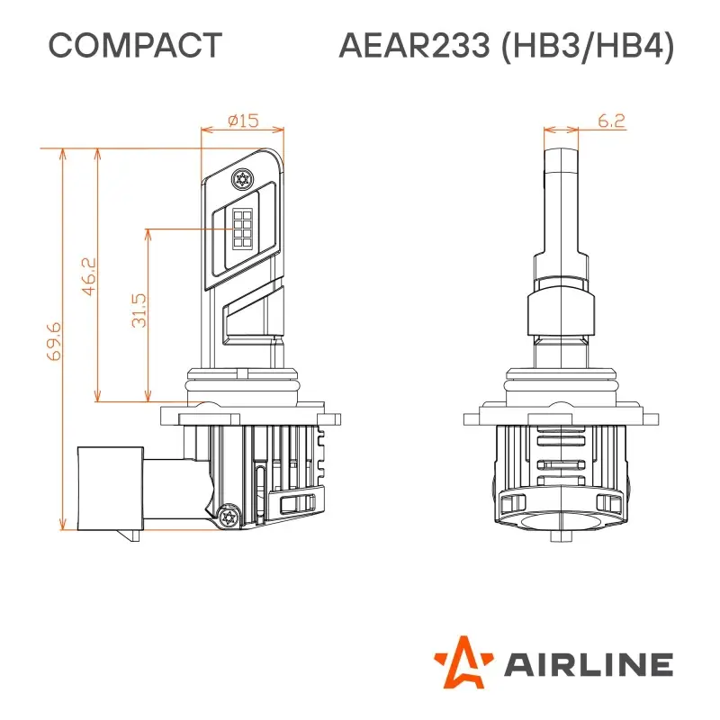 Лампа светодиод. HB3/HB4 COMPACT, 23Вт, 5200Лм (2600Лм x 2), 6500К, 12В, кмпл. 2 шт.